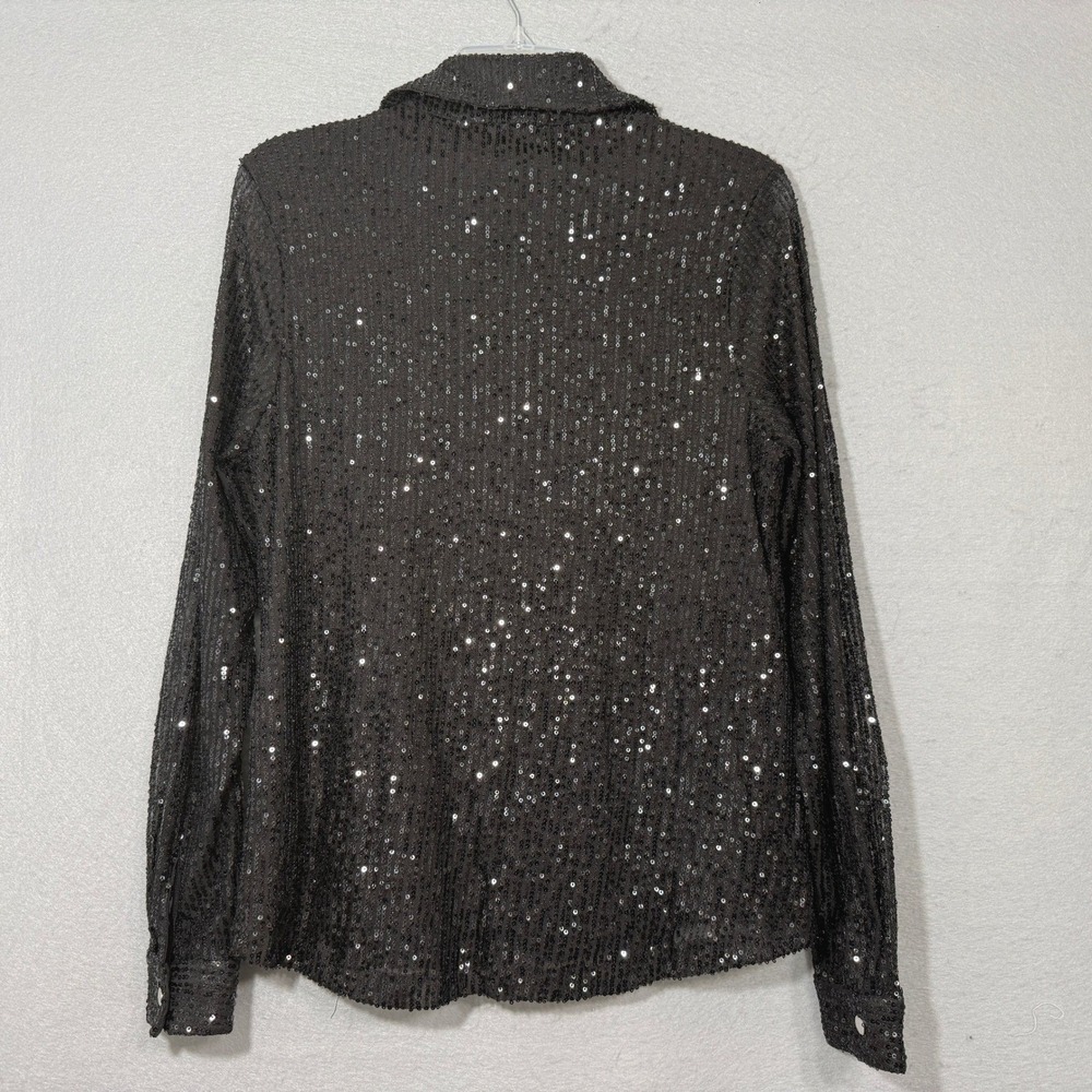 Ultra Pink Sequin Button Front Black Women Blouse Size S Glam Party Going Out - Picture 2 of 8